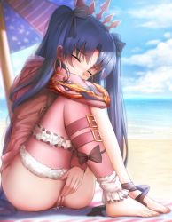 Rule 34 | 1girl, alternate color, alternate costume, arm up, ass, beach, belt, between legs, black bow, black ribbon, blue background, blush, bottomless, bow, censored, cloud, covering own mouth, crown, earrings, fate/grand order, fate (series), feet, female focus, female masturbation, fingering, full body, fur trim, ginhaha, hair bow, hair ornament, hand between legs, hood, hoodie, hoop earrings, ishtar (fate), ishtar (swimsuit rider) (fate), jewelry, long hair, long sleeves, masturbation, mosaic censoring, ocean, one-piece swimsuit, outdoors, pink hoodie, pink thighhighs, purple hair, pussy, pussy juice, ribbon, single thighhigh, sitting, sky, solo, swimsuit, thighhighs, towel, twintails, umbrella, water, white one-piece swimsuit