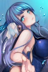 Rule 34 | 1girl, blue eyes, blue hair, blush, breasts, bubble, crying, dress, hair ornament, large breasts, long hair, looking at viewer, ningyo hime (sinoalice), parted lips, sad, sinoalice, sketch, solo, teeth, teroru, twintails