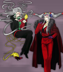 Rule 34 | 1990s (style), 2girls, absurdres, cloud of darkness, dissidia final fantasy, earrings, elf, facial mark, final fantasy, final fantasy iii, final fantasy viii, grey hair, highres, jewelry, lips, lipstick, long hair, makeup, multiple girls, pointy ears, red eyes, ultimecia, very long hair, yellow eyes