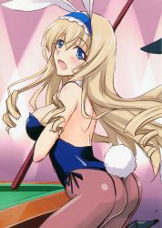 Rule 34 | 10s, 1girl, :d, absurdres, animal ears, ass, bare back, bare shoulders, black pantyhose, blonde hair, blue eyes, breasts, cecilia alcott, cue stick, fake animal ears, highres, infinite stratos, large breasts, leotard, long hair, open mouth, pantyhose, playboy bunny, pool table, rabbit ears, scan, smile, solo, table, yamaki suzu