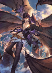Rule 34 | 1boy, abs, adjusting belt, bat wings, belial (granblue fantasy), belt, black hair, cliff, cloud, cloudy sky, darkavey, feathers, flying, granblue fantasy, hand up, highres, jacket, long sleeves, looking at viewer, male focus, navel, open clothes, open mouth, pants, pectorals, red eyes, revealing clothes, sky, smile, solo, sunlight, toned, toned male, wings