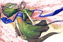 Rule 34 | 1girl, archery, arrow (projectile), bare legs, barefoot, barefoot sandals (jewelry), bow (weapon), brown hair, expressionless, flower, full body, gloves, hair flower, hair ornament, holding, holding weapon, japanese clothes, kimono, long sleeves, original, partially fingerless gloves, petals, purple eyes, sash, short hair, solo, weapon, wind