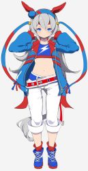 Rule 34 | 1girl, animal ears, belt, belt buckle, blue eyes, blue footwear, blue jacket, blue shirt, boots, buckle, closed mouth, crop top, frown, full body, gloves, grey background, grey hair, hairband, hands up, headband, highres, horse ears, horse girl, horse tail, jacket, light blush, long hair, long sleeves, looking at viewer, loose socks, midriff, navel, nerutora, open clothes, open jacket, pants, red socks, ringed eyes, shirt, simple background, socks, solo, tail, tamamo cross (umamusume), umamusume, v-shaped eyebrows, white gloves, white pants
