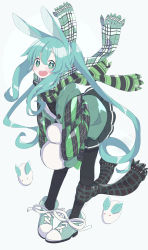 Rule 34 | 1girl, absurdres, animal ears, bad id, bad pixiv id, black pantyhose, blush, coat, full body, green eyes, green hair, green scarf, hatsune miku, highres, kemonomimi mode, long hair, looking at viewer, open mouth, pantyhose, ponytail, rabbit ears, relila, scarf, smile, snow rabbit, snowman, solo, twintails, very long hair, vocaloid