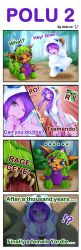 Rule 34 | !?, ..., 1boy, 1girl, 4koma, absurdres, animal costume, aqua eyes, bad id, bad pixiv id, breasts, cleavage, colored skin, comic, dragon costume, english text, fangs, gameplay mechanics, gnar, gnar (league of legends), green eyes, highres, horns, large breasts, league of legends, lulu (league of legends), aged up, oldlim, one eye closed, poro (league of legends), purple hair, purple skin, sweatdrop, yordle, you gonna get raped