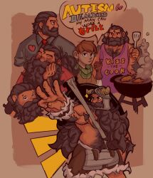 Rule 34 | 2boys, apron, armpit hair, armpit hair peek, autism, bara, beard, beard over mouth, belly, blush, body fur, brown hair, chilchuck tims, cooking, dungeon meshi, dwarf, eugenecollymore, expressions, facial hair, fake horns, finger counting, foreshortening, hairy, heart, helmet, highres, horned helmet, horns, kiss the cook, long beard, looking ahead, looking to the side, male focus, multiple boys, muscular, muscular male, naked apron, official alternate costume, official alternate hairstyle, pectoral cleavage, pectorals, senshi (dungeon meshi), senshi (half-foot) (dungeon meshi), sparkle, thick arm hair, thick chest hair, thick mustache, thick navel hair, topless male, very hairy, very long beard