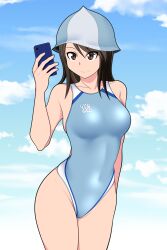 Rule 34 | 1girl, arm behind back, blue hat, blue one-piece swimsuit, blue sky, brown eyes, brown hair, cellphone, closed mouth, cloud, cloudy sky, competition swimsuit, covered navel, cowboy shot, day, emblem, girls und panzer, hat, highres, holding, holding phone, keizoku (emblem), long hair, mika (girls und panzer), one-piece swimsuit, outdoors, phone, sky, smartphone, smile, solo, standing, swimsuit, tanaka rikimaru, tulip hat