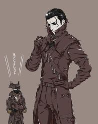 Rule 34 | 2boys, arizuka (catacombe), belt, black gloves, black hair, bloodborne, brown belt, brown gloves, brown headwear, brown pants, coat, commentary request, gloves, hand on own hip, hat, highres, holding, holding clothes, holding hat, hunter (bloodborne), long sleeves, looking at viewer, male focus, mask, mouth mask, multiple boys, pale skin, pants, short hair, simple background, translation request, tricorne, weapon