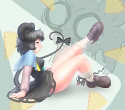 Rule 34 | 1girl, animal ears, arm support, between legs, blush, bow, breasts, capelet, cheese, covered erect nipples, food, grey hair, hand between legs, highres, jewelry, loafers, long sleeves, medium breasts, mouse (animal), mouse ears, mouse tail, nazrin, pendant, profile, red eyes, shoes, short hair, skirt, skirt set, solo, sweat, tail, tail bow, tail ornament, thick thighs, thighs, touhou, yonaki