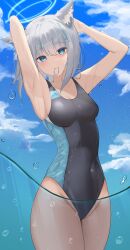 Rule 34 | 1girl, absurdres, animal ear fluff, animal ears, armpits, arms up, blue archive, blue eyes, breasts, collarbone, competition swimsuit, covered navel, grey hair, groin, habetto (jvzt7737), halo, highres, looking at viewer, mismatched pupils, mouth hold, one-piece swimsuit, rubber band, shiroko (blue archive), shiroko (swimsuit) (blue archive), small breasts, solo, swimsuit, two-tone swimsuit, wolf ears
