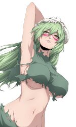 Rule 34 | 1girl, absurdres, arm up, armpits, bleach, breasts, commentary, covered erect nipples, dutch angle, from below, green hair, green shirt, hair between eyes, highres, large breasts, long hair, looking up, mask, midriff, navel, nelliel tu odelschwanck, nishizuki shino, open mouth, revealing clothes, shirt, simple background, skull mask, solo, torn clothes, underboob, upper body, white background, yellow eyes
