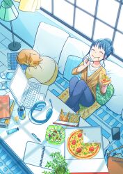Rule 34 | 1girl, bag, blue footwear, blue hair, blue pants, book, bottle, brown shirt, cat, cellphone, cheese trail, chicken (food), chicken leg, crossed legs, cup, eating, food, fork, french fries, handbag, headset removed, highres, holding, holding food, holding pizza, indoors, lamp, notebook, original, pants, pen, phone, pizza, plant, ponytail, potted plant, salad, saraemi, shirt, sidelocks, sitting, slippers, smartphone, smile, solo, unworn slippers, white shirt, window