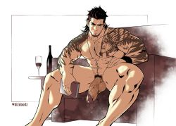 Rule 34 | 1boy, abs, bara, bird, black hair, bottle, chest hair, collarbone, completely nude, couch, cup, dizdoodz, drinking glass, eagle, facial hair, feet out of frame, final fantasy, final fantasy xv, flaccid, gladiolus amicitia, highres, jewelry, large pectorals, large penis, looking at viewer, male focus, male pubic hair, medium hair, muscular, muscular male, naughty face, navel, navel hair, necklace, nipples, nude, pectorals, penis, pubic hair, scar, scar across eye, scar on face, seductive smile, shoulder tattoo, sideburns, sitting, smile, solo, spread legs, stubble, tattoo, testicles, thick thighs, thighs, undercut, veins, veiny penis