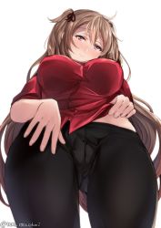 Rule 34 | 1girl, black pants, blonde hair, blush, breasts, closed mouth, hair between eyes, juurouta, kantai collection, large breasts, long hair, murasame (kancolle), pants, red eyes, red shirt, shirt, simple background, solo, very long hair, white background