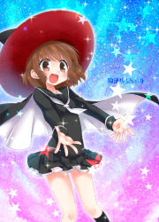 Rule 34 | 1girl, bad id, bad pixiv id, brown eyes, brown hair, cape, hat, koruri, neckerchief, open mouth, original, short hair, skirt, smile, solo, star (symbol), witch, witch hat
