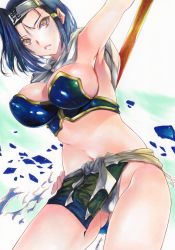 Rule 34 | 1girl, absurdres, armpits, blue hair, breasts, cleavage, closed mouth, cowboy shot, fundoshi, gluteal fold, hair ornament, hairclip, headband, highres, japanese clothes, medium breasts, navel, red eyes, rozarin, sengoku otome, short hair, single hair intake, solo, thighs, torn clothes, traditional media, uesugi kenshin (sengoku otome), white headband
