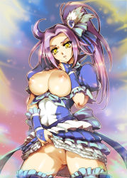 Rule 34 | 10s, 1girl, alternate breast size, blue skirt, breasts, breasts out, bridal gauntlets, cleft of venus, clothes lift, cowboy shot, cure beat, dress, frilled dress, frills, hisahiko, kurokawa eren, large breasts, lifting own clothes, looking at viewer, magical girl, medium breasts, no panties, precure, purple hair, pussy, seiren (suite precure), self exposure, skirt, skirt lift, solo, standing, suite precure, uncensored, yellow eyes