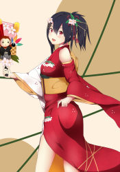 Rule 34 | 1girl, :d, absurdres, ass, bare shoulders, black hair, blush, chestnut mouth, detached sleeves, floral print, flower, flower knight girl, from behind, from side, hair between eyes, hair flower, hair ornament, hakama, hakama skirt, hanetsuki, haori, highres, holding, japanese clothes, kimono, long sleeves, looking at viewer, looking back, manryou (flower knight girl), monkey, open mouth, red eyes, sano val, sano varu, sash, skirt, sleeveless, sleeveless kimono, smile, solo, standing, wide sleeves