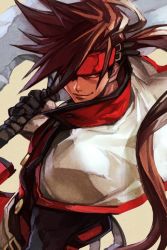Rule 34 | 1boy, arc system works, axe, black gloves, brown hair, capelet, closed mouth, gloves, grey background, guilty gear, headband, holding, holding weapon, hungry clicker, long hair, male focus, order-sol, ponytail, red eyes, simple background, smile, smirk, sol badguy, solo, upper body, very long hair, weapon, white capelet