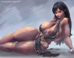 Rule 34 | 1girl, alternate costume, backless dress, backless outfit, bare legs, bare shoulders, black dress, black hair, bracelet, braid, breasts, breasts apart, brown eyes, capcom, china dress, chinese clothes, chun-li, cleavage, covered erect nipples, curvy, cutesexyrobutts, dress, female focus, gold trim, hip focus, huge breasts, jewelry, long hair, looking at viewer, lying, muscular, no bra, no panties, on side, pelvic curtain, revealing clothes, side slit, solo, spiked bracelet, spikes, street fighter, street fighter v, thick thighs, thighs, twin braids
