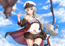 Rule 34 | 1girl, absurdres, azur lane, bird, black thighhighs, blonde hair, blue eyes, bow, bow (weapon), breasts, calligraphy brush, calligraphy brush (medium), cloud, cloudy sky, day, eagle, enterprise (azur lane), gloves, graphite (medium), hair ornament, hat, highres, kana616, large breasts, long hair, looking at viewer, miniskirt, necktie, open clothes, paintbrush, peaked cap, shirt, skirt, sky, sleeveless, sleeveless shirt, smile, solo, thighhighs, traditional media, uss enterprise (cv-6), very long hair, weapon