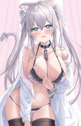 Rule 34 | 1girl, absurdres, animal ears, aqua eyes, armpit crease, bare shoulders, belt, belt collar, bikini, black belt, black thighhighs, blurry, blurry background, bow, breasts, cameltoe, cat ears, cat girl, cat tail, chain, cleavage, coat, collar, collarbone, cowboy shot, crossed bangs, cuffs, curtains, ear piercing, embarrassed, extra ears, food on body, frilled bikini, frills, fur-trimmed coat, fur trim, grey hair, grey tail, hair between eyes, hair ribbon, halterneck, hand up, handcuffs, highres, large breasts, long hair, long sleeves, looking at viewer, mole, mole under eye, nail polish, navel, off shoulder, open clothes, open coat, original, parted lips, piercing, pink bikini, pink nails, raised eyebrows, ribbon, sidelocks, solo, spill, stomach, string bikini, swimsuit, tail, tail bow, tail ornament, tail raised, tearing up, tears, thighhighs, twintails, uni ikura, very long hair, wavy mouth, white coat, white ribbon