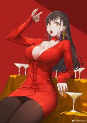 Rule 34 | 1girl, absurdres, artist name, black hair, braid, breasts, cherry, choker, cleavage, cocktail, cocktail glass, commentary, condensation, cup, dress, drinking glass, earrings, flower choker, food, food in mouth, fruit, highres, jewelry, jun (navigavi), large breasts, long hair, long sleeves, looking at viewer, nail polish, original, pantyhose, reclining, red background, red choker, red dress, solo, weibo logo, weibo watermark