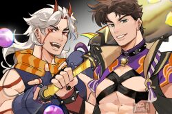 Rule 34 | 2boys, 7aizagatha, :d, arataki itto, arataki itto (cosplay), battle tendency, black choker, black coat, black gloves, black shirt, brown hair, choker, club, club (weapon), coat, commentary, cosplay, costume switch, facial mark, fingerless gloves, genshin impact, gloves, green eyes, grin, highres, holding club, holding weapon, horns, jojo no kimyou na bouken, joseph joestar, joseph joestar (young), joseph joestar (young) (cosplay), kanabou, looking at viewer, male focus, multiple boys, open clothes, open coat, open mouth, orange scarf, red eyes, scarf, shirt, shrug (clothing), sleeveless, sleeveless shirt, smile, upper body, weapon, white hair