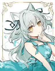 1girl absurdres animal_ear_fluff animal_ears bare_arms bare_shoulders blue_dress breasts brown_eyes collarbone commentary_request dress green_ribbon grey_hair hair_between_eyes hair_ribbon hand_up highres long_hair looking_at_viewer mochizuki_shiina original parted_lips ribbon simple_background sleeveless sleeveless_dress small_breasts solo two_side_up upper_body very_long_hair white_background