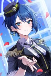 Rule 34 | 1girl, black headwear, blue eyes, blue hair, breasts, character name, clover print, collared shirt, commentary request, dated, ear chain, epaulettes, fingernails, heart, highres, kheng (k heng1223), kiritani haruka, lapels, looking at viewer, medium breasts, necktie, notched lapels, open collar, petals, project sekai, shirt, short hair, smile, solo, teeth
