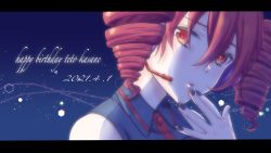 Rule 34 | 1girl, bare shoulders, black nails, black shirt, character name, commentary, dated, drill hair, hand to own mouth, happy birthday, headset, highres, kasane teto, kikuratama, letterboxed, looking at viewer, nail polish, night, night sky, portrait, red eyes, red hair, shirt, short hair, sidelighting, sky, sleeveless, sleeveless shirt, solo, star (sky), star (symbol), twin drills, utau