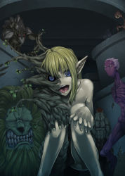 Rule 34 | 1girl, blonde hair, blue eyes, creepy, fangs, horror (theme), ifuji shinsen, long hair, looking back, monster, monster girl, nude, pixiv fantasia, pixiv fantasia 1, plant girl, pointy ears, purple hair, scar, solo, squatting, stitches, transformation, you gonna get raped