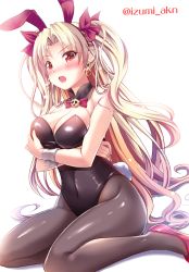 Rule 34 | 1girl, adapted costume, animal ears, black leotard, black pantyhose, blonde hair, blush, bow, bowtie, breasts, cape, detached collar, earrings, ereshkigal (fate), fake animal ears, fate/grand order, fate (series), high heels, izumi akane, jewelry, leotard, long hair, looking at viewer, medium breasts, open mouth, pantyhose, parted bangs, playboy bunny, rabbit ears, rabbit tail, red bow, red bowtie, red cape, red eyes, red footwear, simple background, sitting, solo, strapless, strapless leotard, tail, tohsaka rin, twitter username, two side up, wariza, white background, wrist cuffs