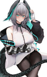 Rule 34 | 1girl, aqua eyes, arknights, black pantyhose, commentary request, cowboy shot, dress, fingerless gloves, gloves, grey hair, grin, highres, ho&#039;olheyak (arknights), long sleeves, looking at viewer, medium hair, nail polish, pantyhose, parted lips, ru zhai, simple background, single bare shoulder, sleeveless, sleeveless dress, smile, snake tail, solo, standing, tail, thighs, white background, white dress, white gloves