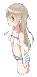 Rule 34 | 1girl, bare arms, bare shoulders, bikini, blush, closed mouth, collarbone, cropped legs, dated, green eyes, hair between eyes, light brown hair, long hair, looking at viewer, looking to the side, maze (gochama ze gohan), original, profile, signature, simple background, sketch, solo, striped bikini, striped bikini bottom, striped clothes, swimsuit, very long hair, white background, white bikini