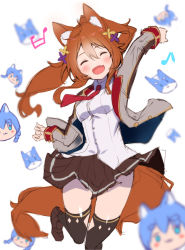 Rule 34 | 1girl, :d, ^ ^, animal ear fluff, animal ears, arm up, beamed sixteenth notes, black thighhighs, blush, breasts, brown flower, brown footwear, brown hair, brown skirt, character mask, closed eyes, collared shirt, dress shirt, facing viewer, fang, flower, fox ears, fox girl, fox tail, fuku kitsune (fuku fox), grey jacket, hair between eyes, hair flower, hair ornament, high ponytail, highres, jacket, korin (shironeko project), koyomi (shironeko project), loafers, long hair, long sleeves, mask, musical note, open clothes, open jacket, open mouth, pleated skirt, ponytail, purple flower, red neckwear, school uniform, shironeko project, shirt, shoes, simple background, sketch, skirt, small breasts, smile, solo, standing, standing on one leg, tail, tarou (shironeko project), thighhighs, white background, white shirt