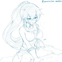 Rule 34 | 1girl, absurdres, bare shoulders, blue theme, blush, breasts, clothed sex, cowgirl position, elesis (elsword), elsword, hair between eyes, highres, long hair, monochrome, nipples, open mouth, ponytail, sex, sollyz, solo focus, straddling, uncensored, white background