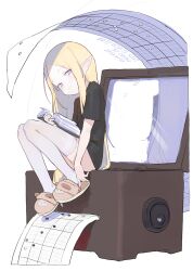 Rule 34 | 1girl, black shirt, blonde hair, blue eyes, book, closed mouth, daquan wubai, dated, elf, english text, highres, holding, holding book, long hair, looking at viewer, original, pink footwear, pointy ears, reading, shirt, simple background, sitting, slippers, smile, solo, t-shirt, very long hair, white background