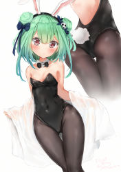 Rule 34 | alternate costume, animal ears, ass, black pantyhose, blush, breasts, rabbit hair ornament, collarbone, commentary request, double bun, green hair, hair bun, hair ornament, highres, hololive, leotard, looking at viewer, pantyhose, playboy bunny, rabbit ears, rabbit tail, red eyes, ribbon, seboneko, short hair, simple background, small breasts, tail, thighs, uruha rushia, virtual youtuber, white background