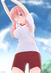 Rule 34 | 1girl, arms up, cloud, eyepatch, female focus, from below, gym uniform, looking at viewer, looking down, nei (os), original, os (os fresa), outdoors, pink hair, purple eyes, shorts, solo, stretching, twitter username