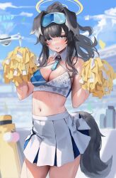 Rule 34 | 1girl, animal ears, bad id, bad twitter id, bare arms, bare shoulders, black hair, black tail, blue archive, blue eyes, blue sky, blurry, blurry background, blush, breasts, bright pupils, cheerleader, cleavage, clothes writing, cloud, collar, confetti, cowboy shot, criss-cross halter, crop top, day, depth of field, dog ears, dog girl, dog tail, drone, english text, eyewear on head, floating hair, halo, halterneck, hands up, hibiki (blue archive), hibiki (cheer squad) (blue archive), highres, holding, holding pom poms, leviathan (hikinito0902), long hair, looking at viewer, medium breasts, millennium cheerleader outfit (blue archive), miniskirt, name tag, navel, official alternate costume, outdoors, parted lips, pleated skirt, pom pom (cheerleading), pom poms, ponytail, sidelocks, skirt, sky, solo, stomach, sweat, tail, text print, thighs, white collar, white pupils, white skirt, wing collar