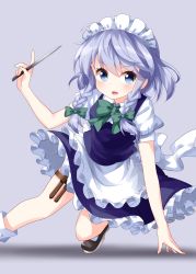 Rule 34 | 1girl, apron, arm support, black footwear, blue dress, blue eyes, blush, bow, bowtie, braid, breasts, commentary request, dress, feet out of frame, frilled apron, frills, green bow, green bowtie, grey background, hair between eyes, hair bow, hand up, highres, holding, holding knife, holding weapon, holster, izayoi sakuya, knife, looking at viewer, maid, maid apron, maid headdress, open mouth, petticoat, puffy short sleeves, puffy sleeves, ruu (tksymkw), shadow, shirt, shoes, short hair, short sleeves, silver hair, simple background, small breasts, socks, solo, thigh holster, thighs, touhou, twin braids, v-shaped eyebrows, waist apron, weapon, white apron, white shirt, white socks
