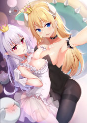 Rule 34 | 2girls, absurdres, armlet, asymmetrical docking, black legwear, black leotard, blonde hair, blue eyes, blush, boobare shoulders, bowsette, breast press, breasts, cleavage, commentary request, crown, highres, large breasts, leotard, long hair, looking at viewer, luigi&#039;s mansion, mario (series), multiple girls, new super mario bros. u deluxe, nintendo, open mouth, pantyhose, pointy ears, princess king boo, see-through, see-through skirt, skirt, spiked armlet, super crown, thighhighs, transparent, white hair, white legwear, yuxian youka