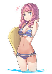 Rule 34 | 1girl, bikini, blue eyes, breasts, character request, cleavage, copyright request, curly hair, hand on own head, long hair, navel, pink hair, saiste, solo, striped bikini, striped clothes, swimsuit, wading, water, white background
