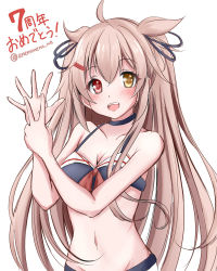 Rule 34 | 1girl, :d, anniversary, bare shoulders, blush, breasts, cleavage, hair ornament, hairclip, heterochromia, kantai collection, light brown hair, long hair, looking at viewer, medium breasts, murasame (kancolle), murasame kai ni (kancolle), navel, one-hour drawing challenge, open mouth, red eyes, sailor bikini, sailor collar, simple background, smile, solo, suekko (suekko 3of1), twitter username, two side up, white background, yellow eyes