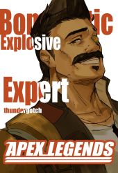 Rule 34 | 1boy, animification, apex legends, black hair, bleach, brown eyes, brown hair, brown jacket, collarbone, cover, cover page, eyepatch, facial hair, fake cover, fuse (apex legends), highres, jacket, jewelry, logo parody, looking at viewer, male focus, manga cover, mechanical arms, mustache, necklace, one eye covered, parody, shirt, single mechanical arm, sketch, smile, solo, soul patch, thundergotch, white background, white shirt