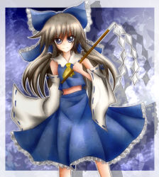 Rule 34 | 1girl, alternate color, ascot, bad id, bad pixiv id, blue eyes, blue theme, bow, detached sleeves, artistic error, female focus, hair bow, hakurei reimu, immaterial and missing power, japanese clothes, long hair, miko, nosada, player 2, silver hair, smile, solo, touhou