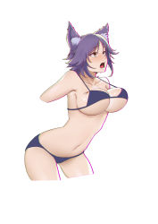 Rule 34 | 1girl, absurdres, animal ear fluff, animal ears, bikini, blue bikini, blush, bouncing breasts, breasts, brown eyes, cleavage, dawn02, drooling, highres, large breasts, makoto (princess connect!), navel, open mouth, princess connect!, purple hair, short hair, simple background, solo, swimsuit, tongue, white background, wolf ears