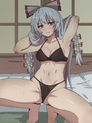 Rule 34 | 1girl, absurdres, armpits, arms up, bed, black bra, black panties, bow, bow bra, bra, breasts, closed mouth, collarbone, commentary request, expressionless, fujiwara no mokou, futon, grey hair, hair bow, hands in own hair, highres, indoors, long hair, looking at viewer, low-tied long hair, medium breasts, morikawa (morikawa-no2), multiple hair bows, navel, panties, red eyes, ribs, shiny skin, shouji, sliding doors, solo, squatting, sweat, tiptoes, touhou, underwear, underwear only, white bow