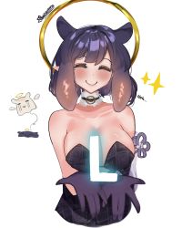 Rule 34 | 1girl, ^ ^, absurdres, alternate breast size, auraaa, blush, breasts, cleavage, closed eyes, collarbone, commentary, detached sleeves, english commentary, closed eyes, fur choker, gloves, halo, head tilt, highres, hololive, hololive english, large breasts, mole, mole under eye, ninomae ina&#039;nis, pointy ears, purple gloves, single detached sleeve, smile, solo, sparkle, takodachi (ninomae ina&#039;nis), tentacle hair, upper body, virtual youtuber, white background